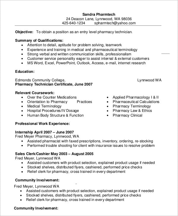 example entry level pharmacy technician resume