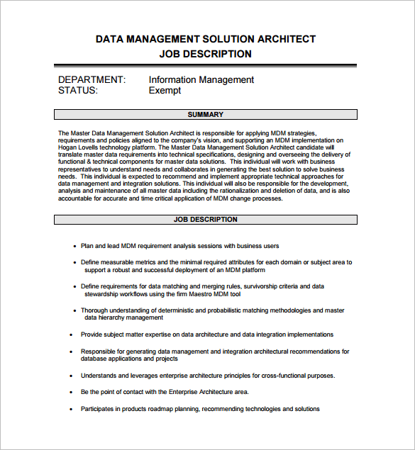 data management solution architect job description free pdf format download