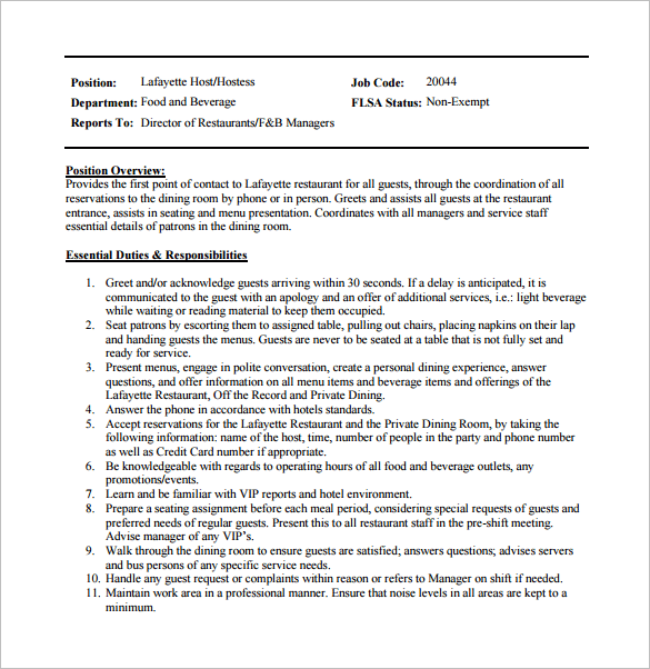 11+ Hostess Job Description Templates Free Sample, Example, Format