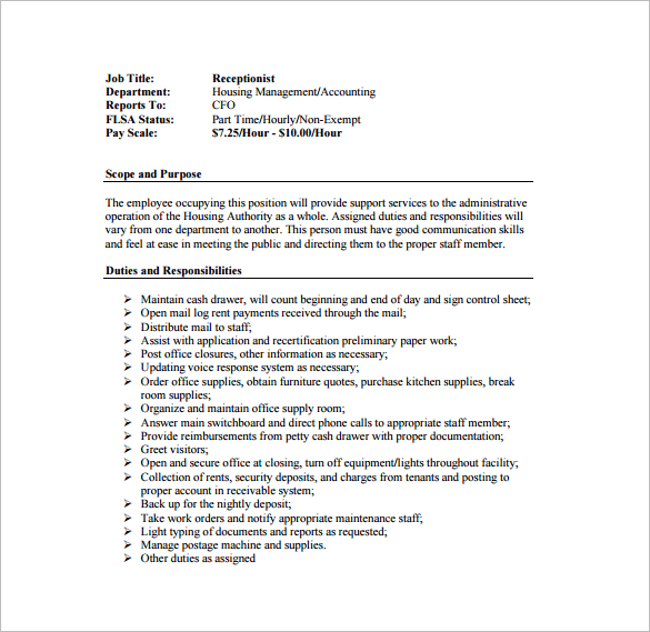 Front Desk Receptionist Job Description Sample