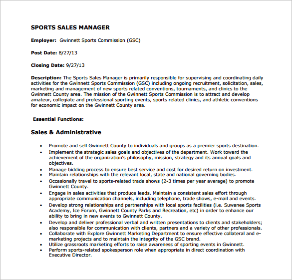 job description template sales manager