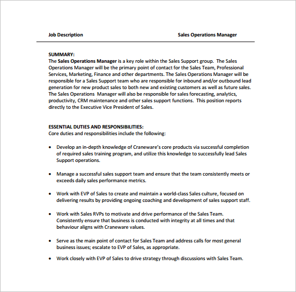 sales operations manager job description example template free download