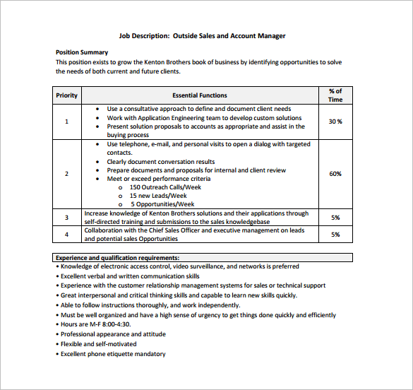 outside sales and account manager example job description template