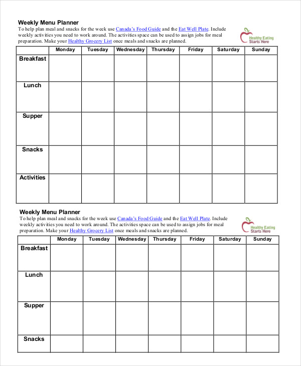 monthly menu calendar template