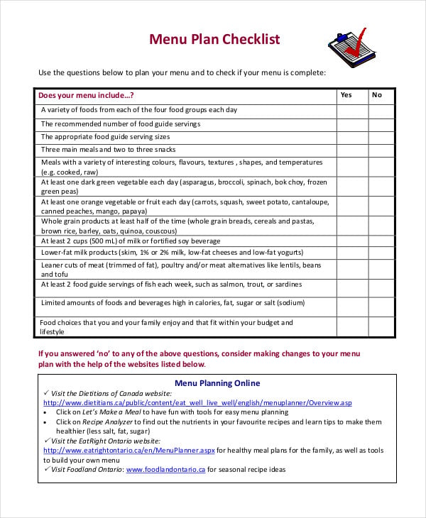 menu plan checklist template