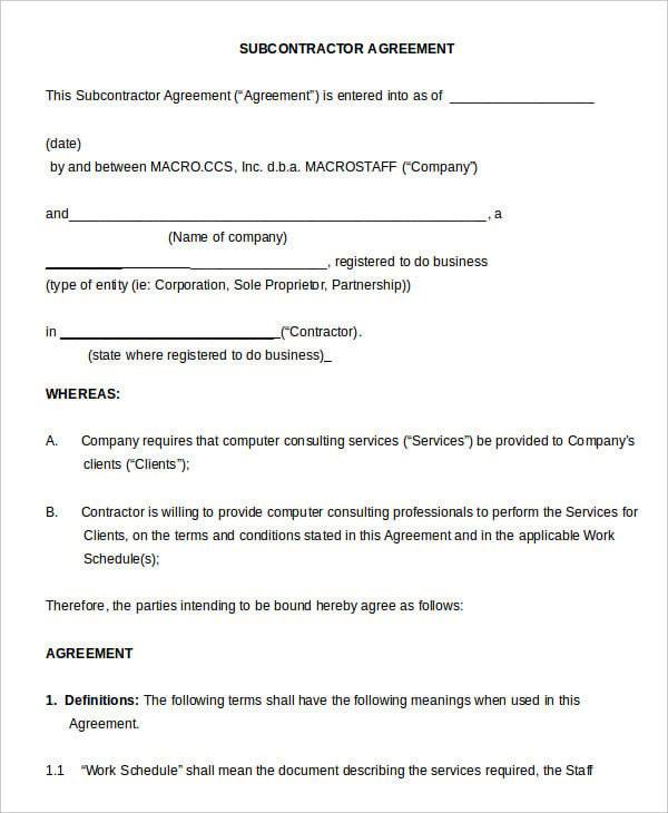 subcontractor non compete agreement template 