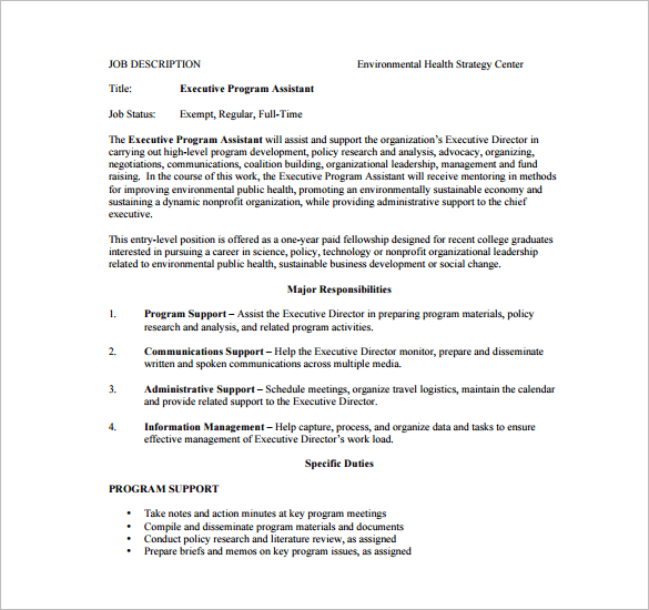 executive program assistant example job description free download