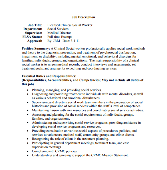 Job Description For Clinical Social Worker