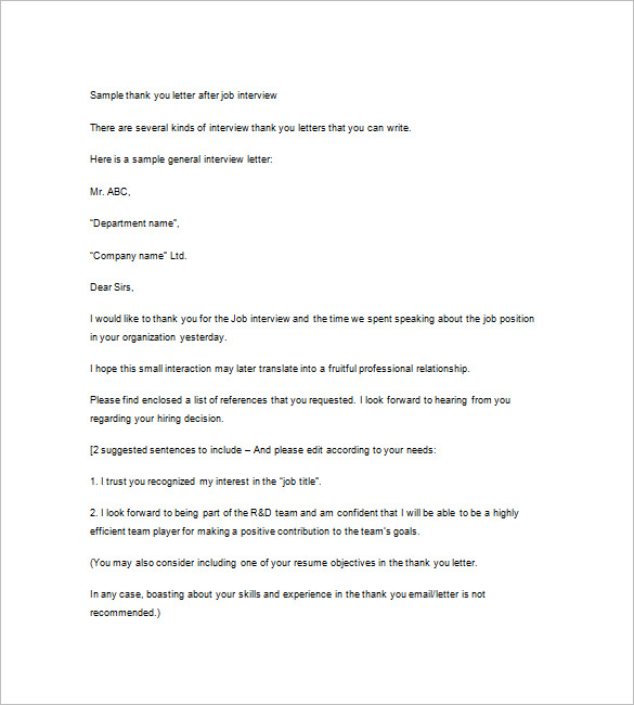 9+ Interview Thank You Note Free Word, Excel, PDF Format Download