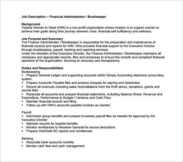 bookkeeper office manager job description