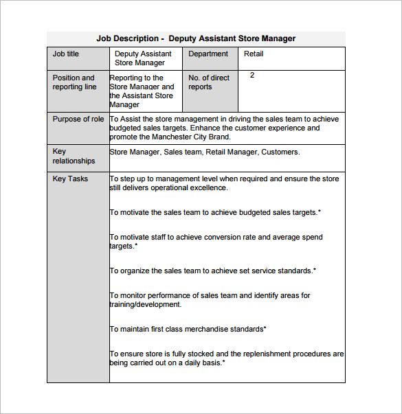 sample deputy store manager job description free download