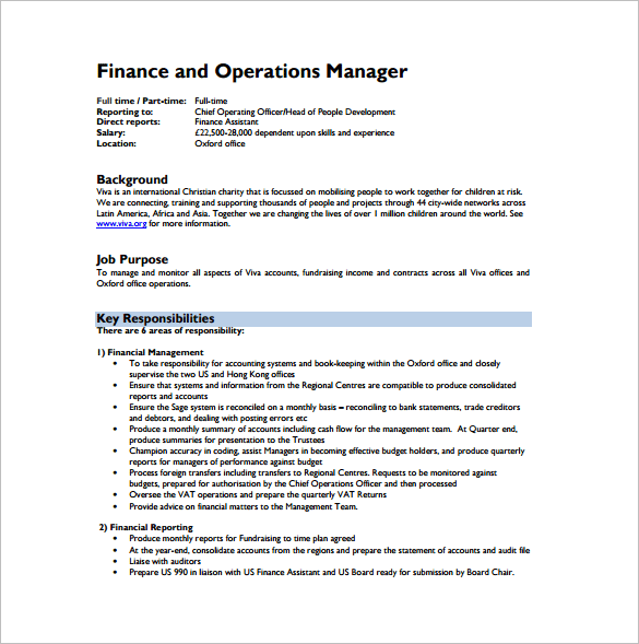finance and operations manager job description free pdf format