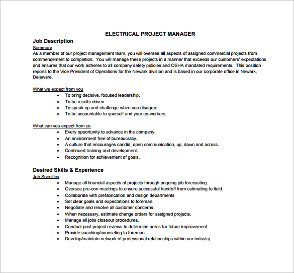 Sample Job Description Project Manager