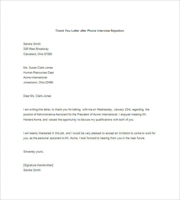 download thank you letter after phone interview rejection