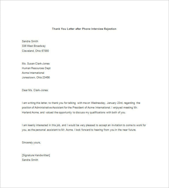 Thank You Note After Phone Interview – 8+ Free Word, Excel, PDF Format ...