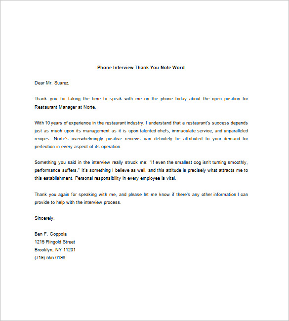 Thank You Note After Phone Interview 8+ Free Word, Excel, PDF Format