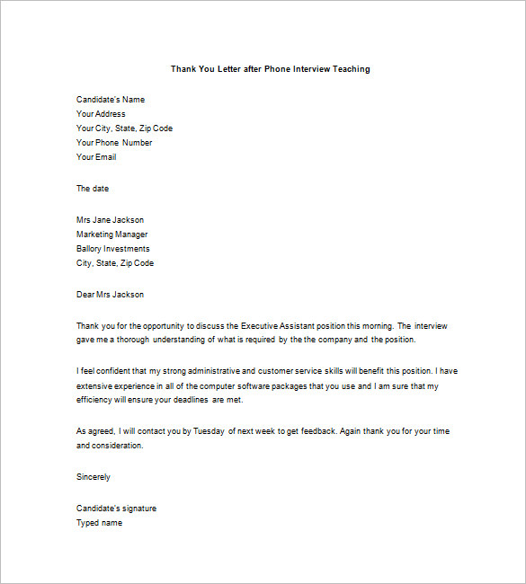 Thank You Note After Phone Interview – 8+ Free Word, Excel, PDF Format ...