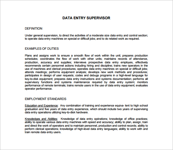 data entry supervisor job description free pdf format download