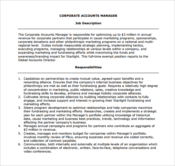 11+ Account Manager Job Description Templates Free Sample, Example