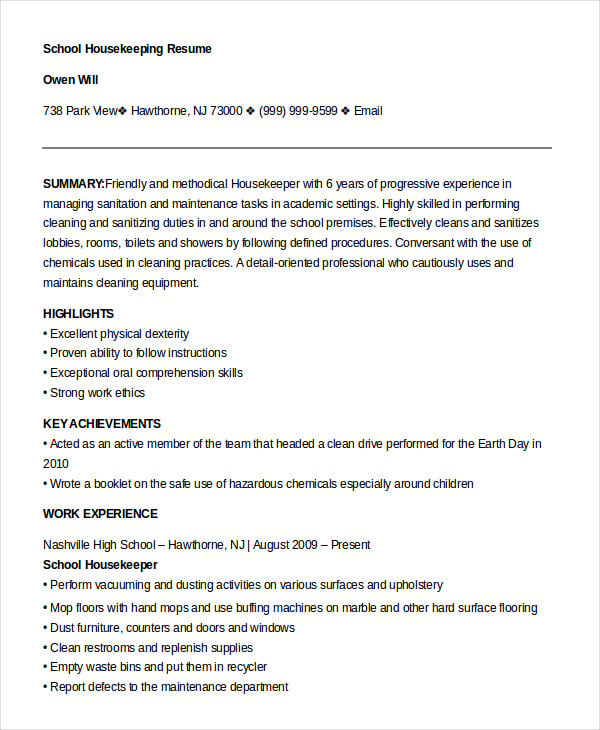 Housekeeping Resume Example - 20+ Free Word, PDF Documents Download