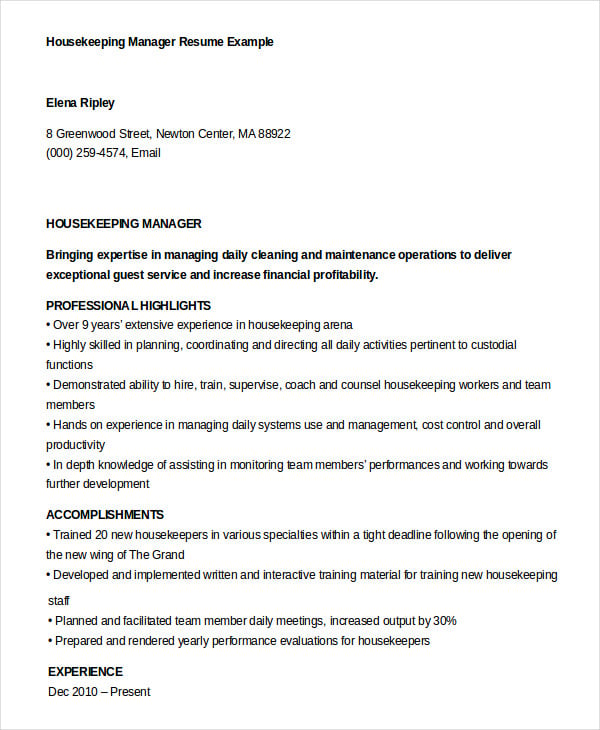 housekeeper manager resume template example