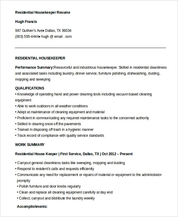Housekeeping Resume Example - 20+ Free Word, PDF Documents Download