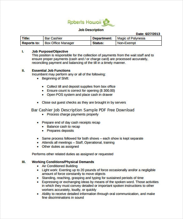 bar cashier job description sample pdf free downloads