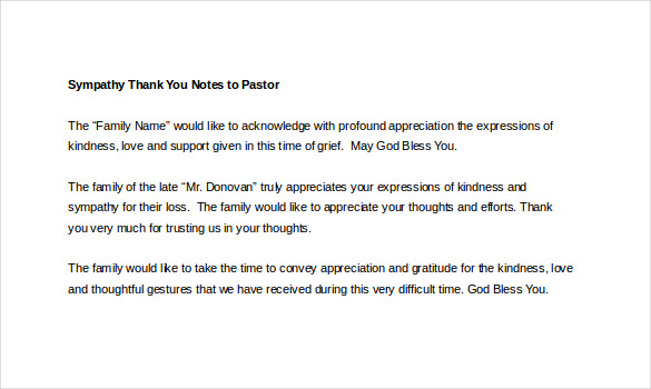 sympathy thank you notes to pastor