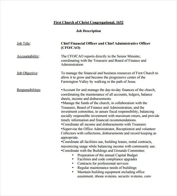chief financial officer example job description for church free download