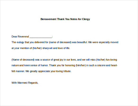 bereavement thank you notes for clergy