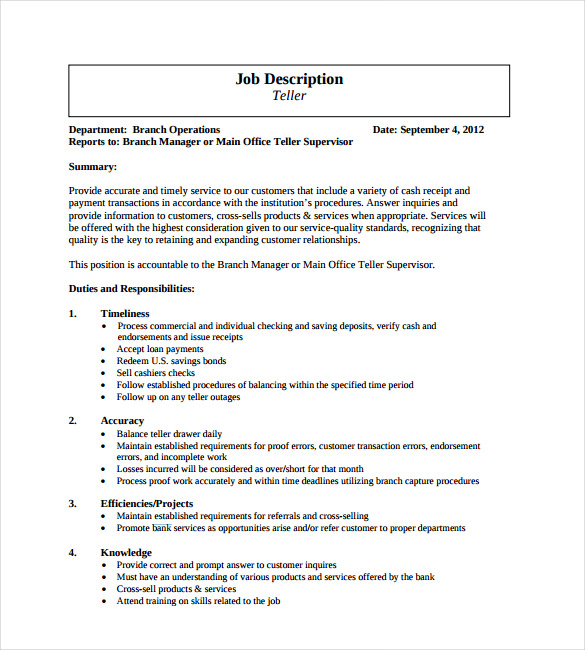 9+ Bank Teller Job Description Templates – Free Sample ...