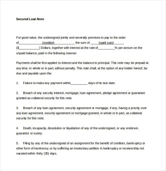 secured loan note word template free downoad