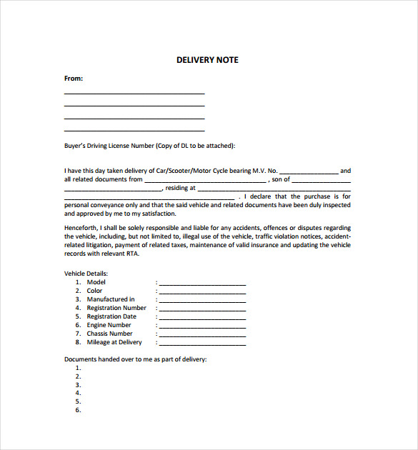 vehicle delivery note free pdf template download