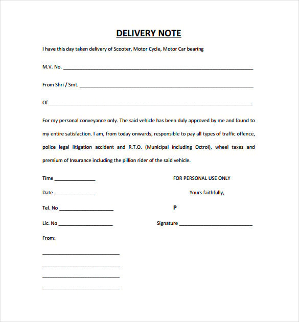 car delivery note free pdf template download