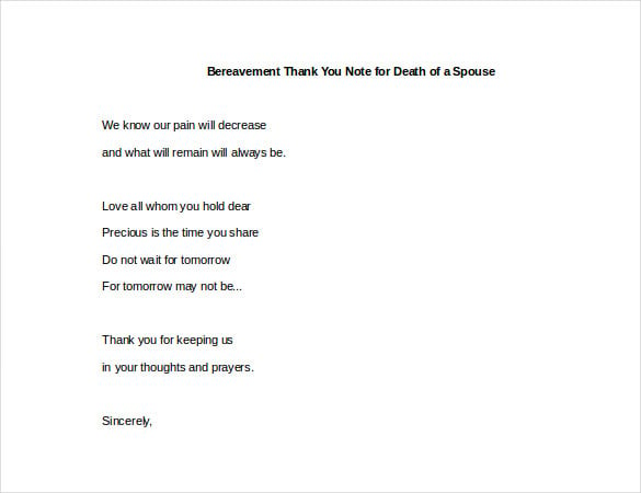 bereavement thank you note for death of a spouse