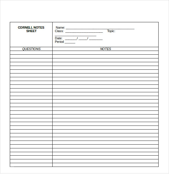 Cornell Note Taking Template 8  Free Word Excel PDF Format Download