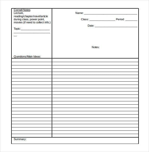 cornell notes template for school