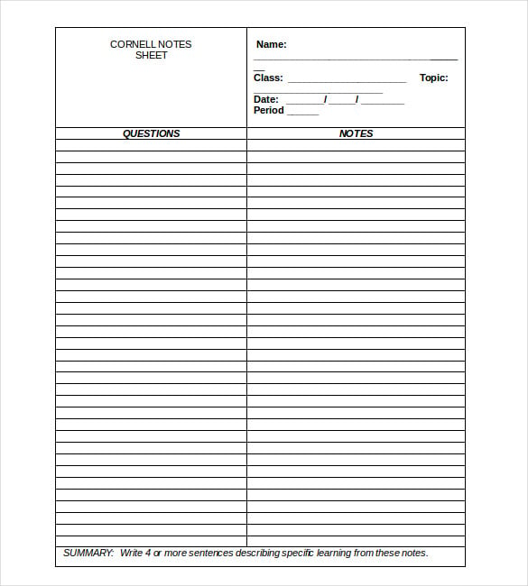 blank cornell notes sheet