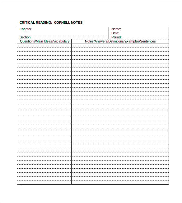 critical reading blank cornell notes