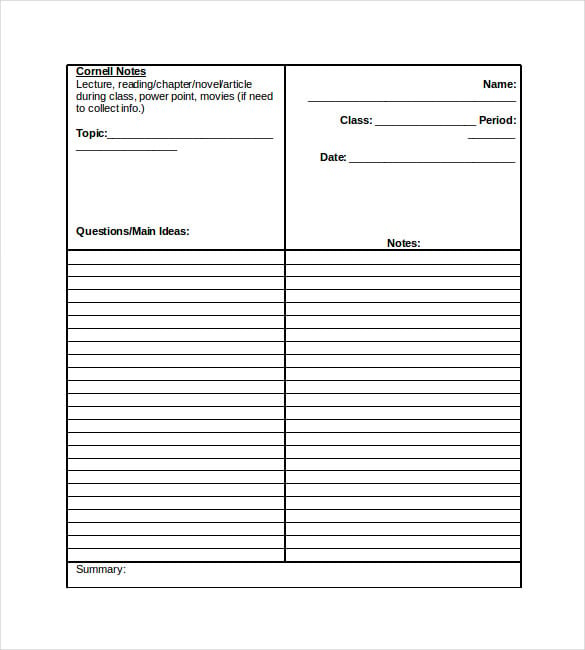 cornell notes template middle school