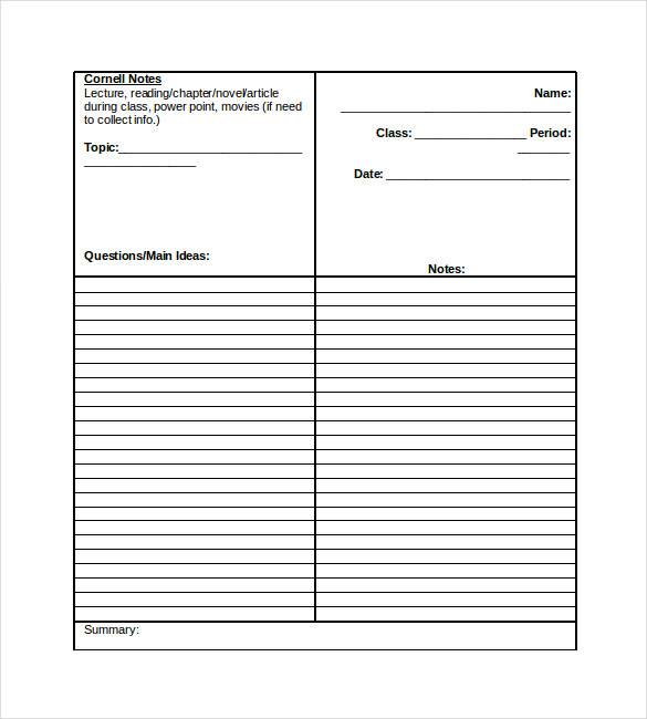 School Cornell Notes Template 6 Free Word Excel PDF Format Download