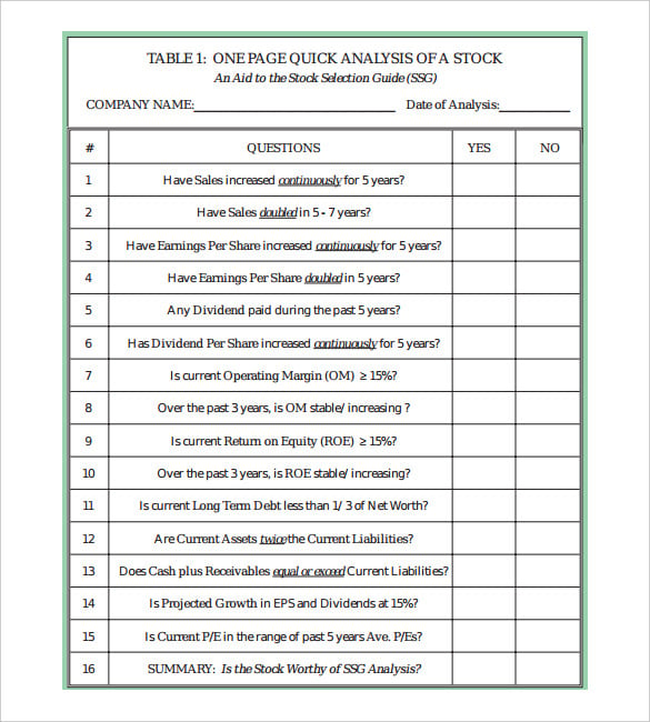 a one page quick analysis of a stock pdf format
