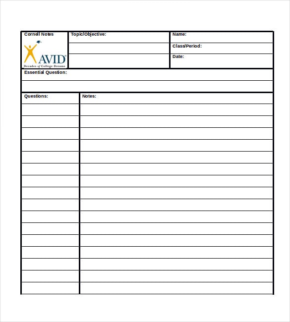 Cornell Note Taking Template Word