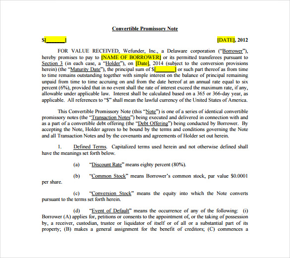 convertible promissory note example template free download