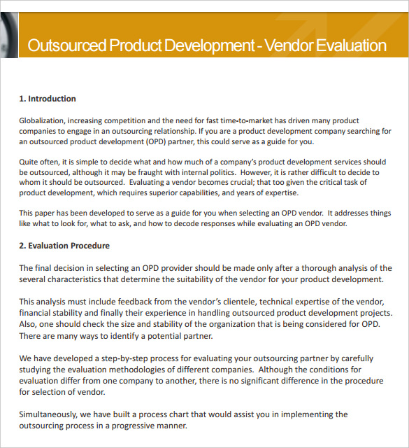 printable product development vendor evaluation analysis