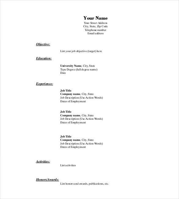 blank resume template printable