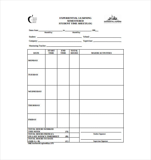 student time sheet log pdf free download