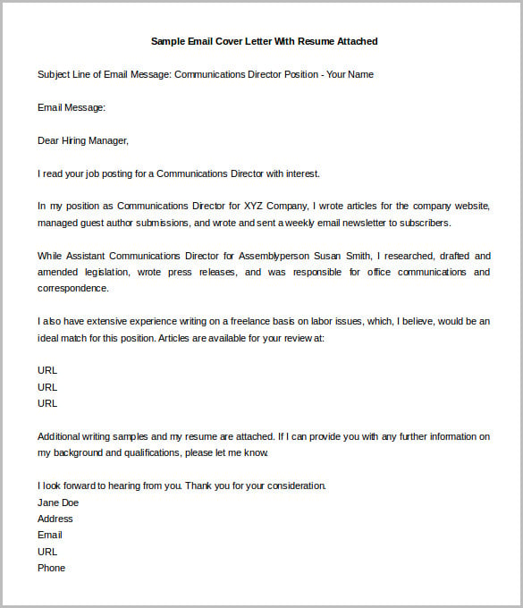 email cover letter sample with attached cv