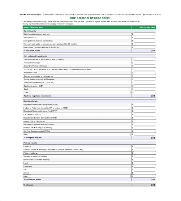 free personal balance sheet template