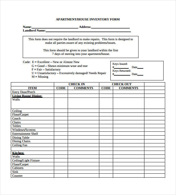 house inventory form pdf free download